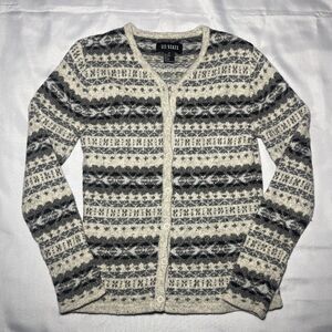 111 State Womens Wool Cardigan Sweater White Gray Knit Long Sleeve Winter Size S